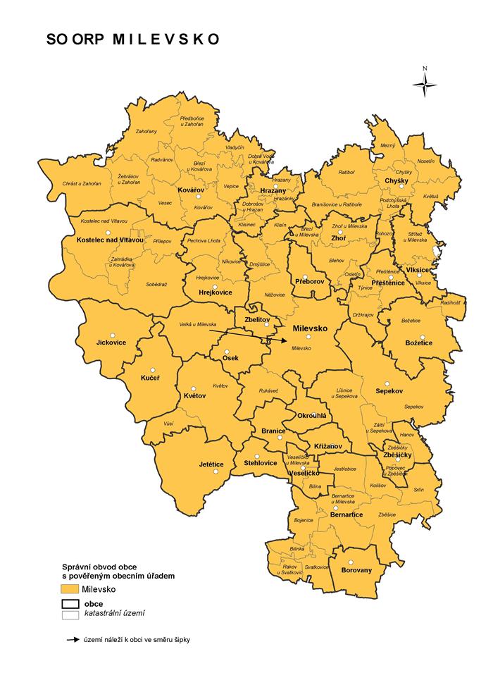 Mapa správního obvodu obce s rozšířenou působností Milevsko