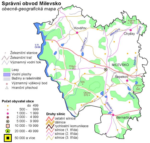 Mapa správního obvodu Milevsko - obecně-geografická mapa